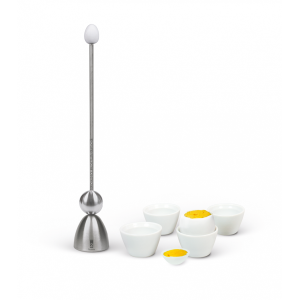 "Clack-Geschenkbox" Set mit "Clack" Eieröffner mit weißem Keramikei, 4 weißen Porzellan Eierbechern