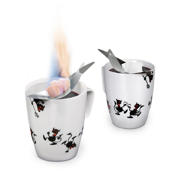 "Feuerteufel" Feuerzangen Tassenset mit 2 Edelstahl Feuerzangen, 2 Porzellantassen, inkl. Rezept für Feuerzangenbowle