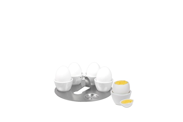 "Miro" Eierbechertablett mit Edelstahl Tablett, 5 weißen Porzellan Eierbechern